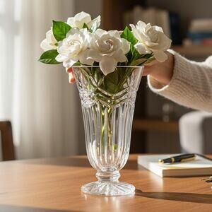 Vintage Cut Crystal Bud Vase with Etched Floral Rim Pedestal Base Elegant Decor